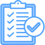 Blue clipboard with checkmarks representing completed tasks and verification checklist.